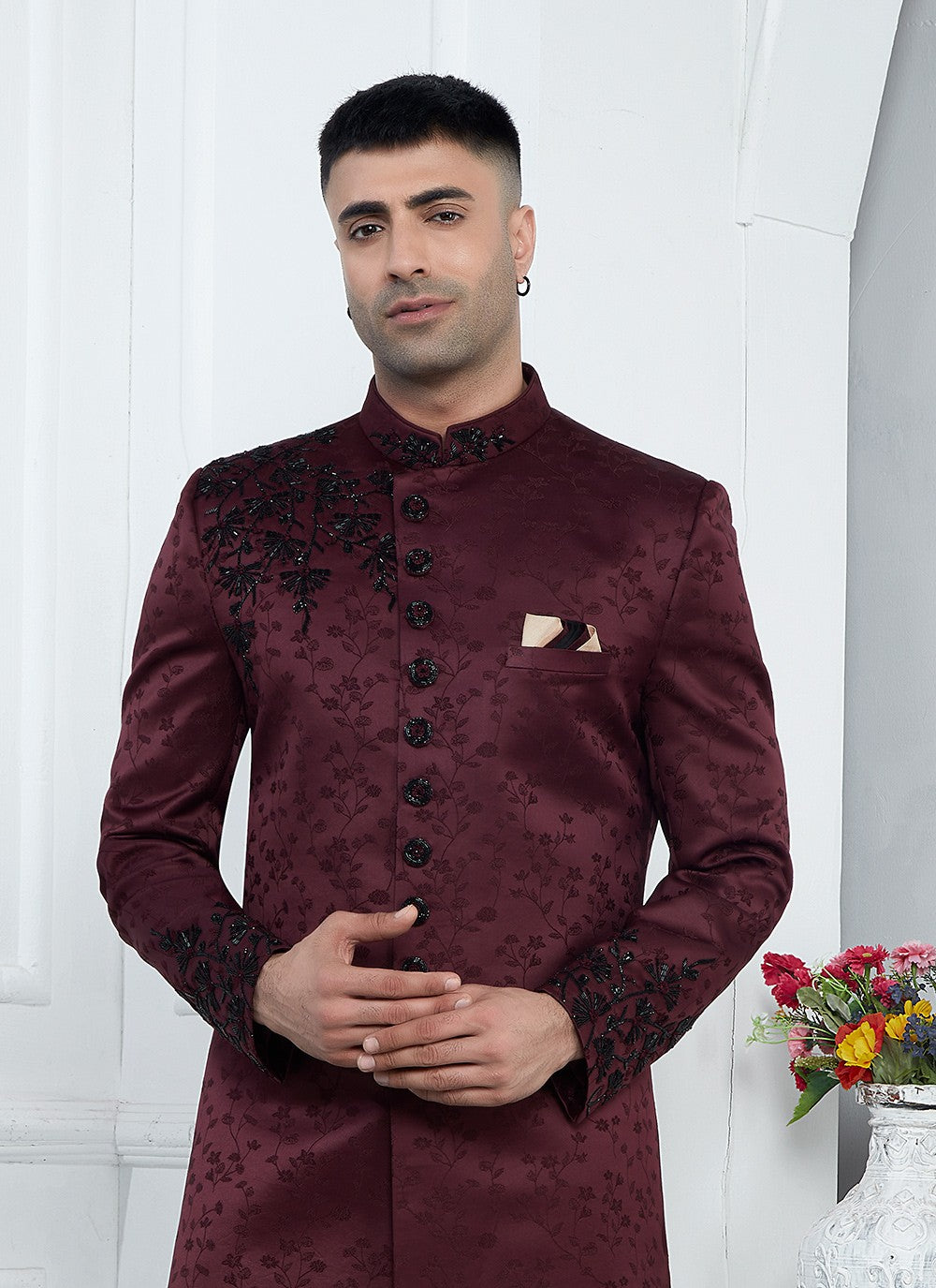 Embroidered Art Silk Wine Sherwani - M7462