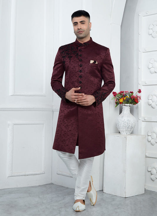 Embroidered Art Silk Wine Sherwani - M7462