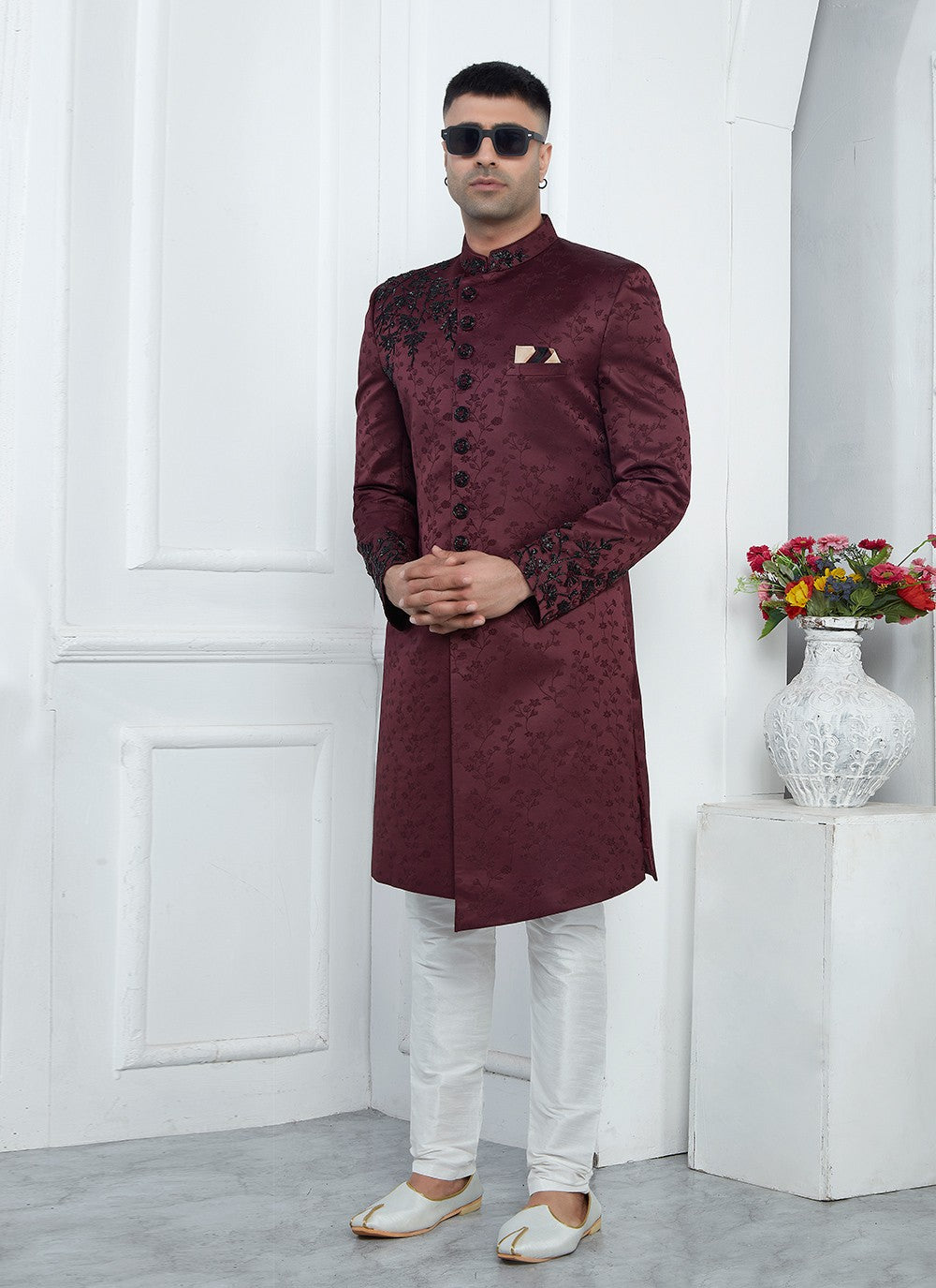 Embroidered Art Silk Wine Sherwani - M7462