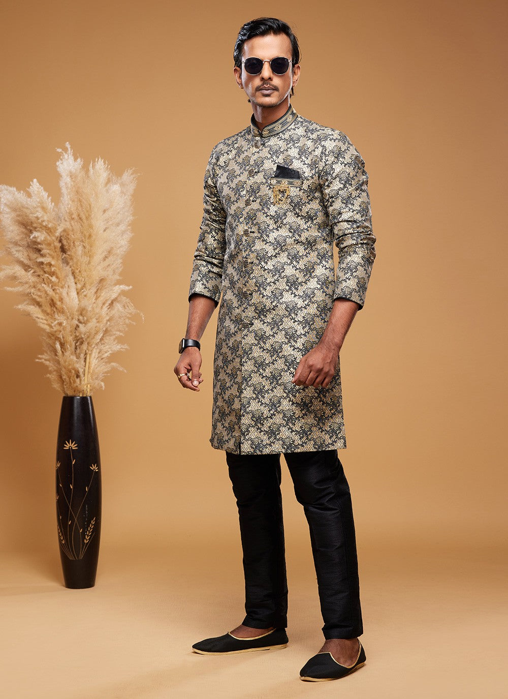 Embroidered Banarasi Jacquard Beige Indo Western - M6017