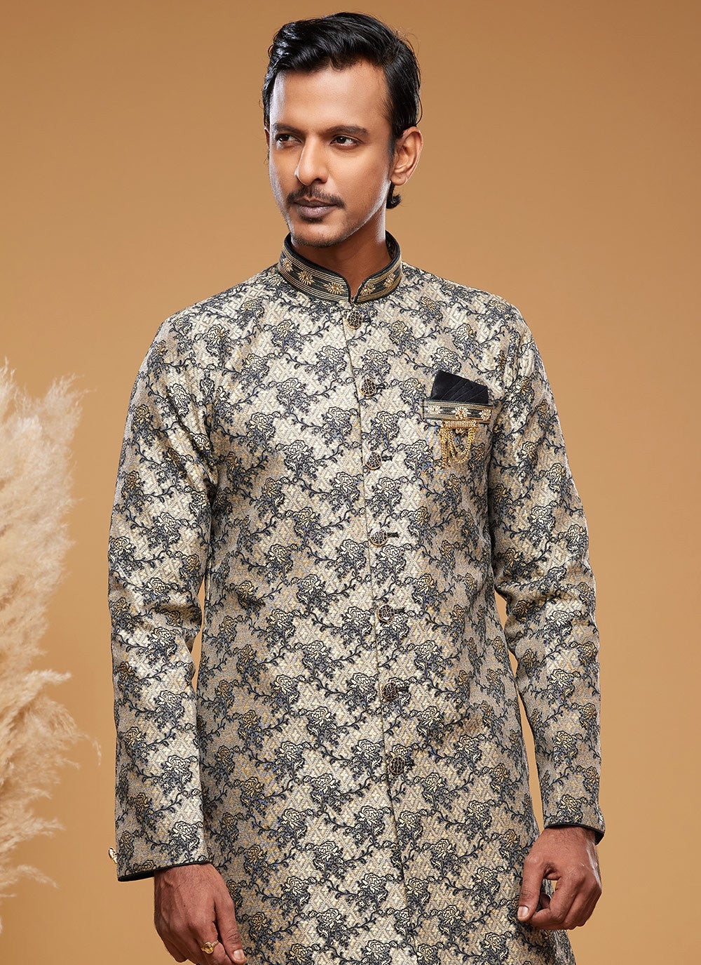 Embroidered Banarasi Jacquard Beige Indo Western - M6017