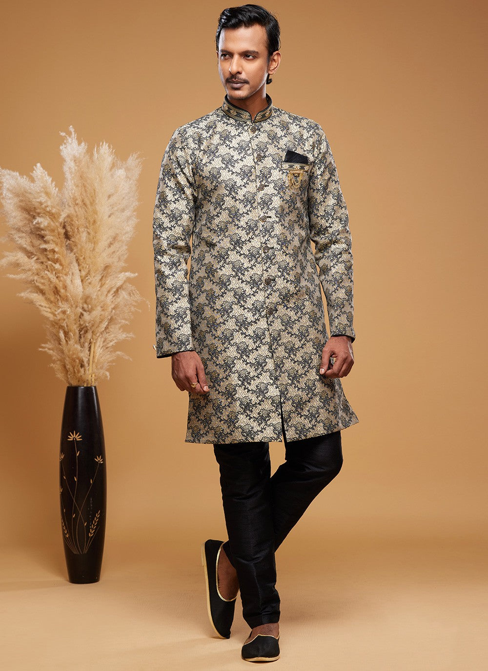 Embroidered Banarasi Jacquard Beige Indo Western - M6017