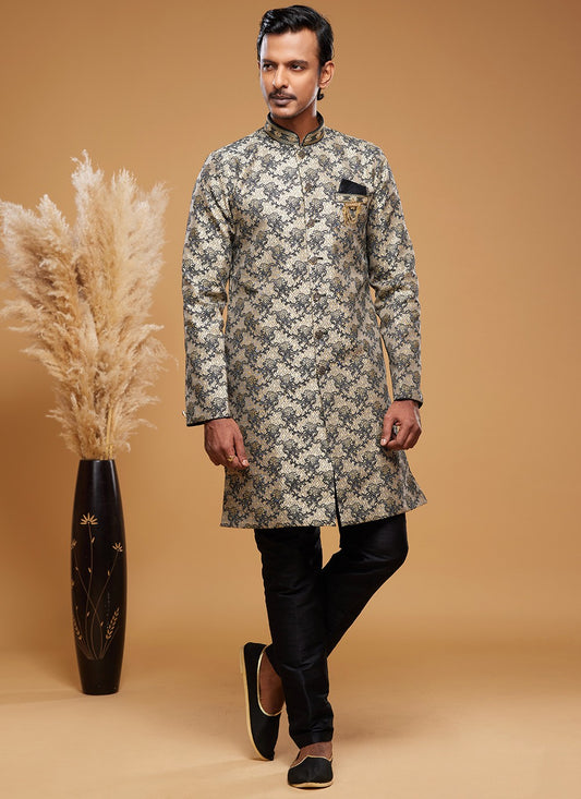 Embroidered Banarasi Jacquard Beige Indo Western - M6017