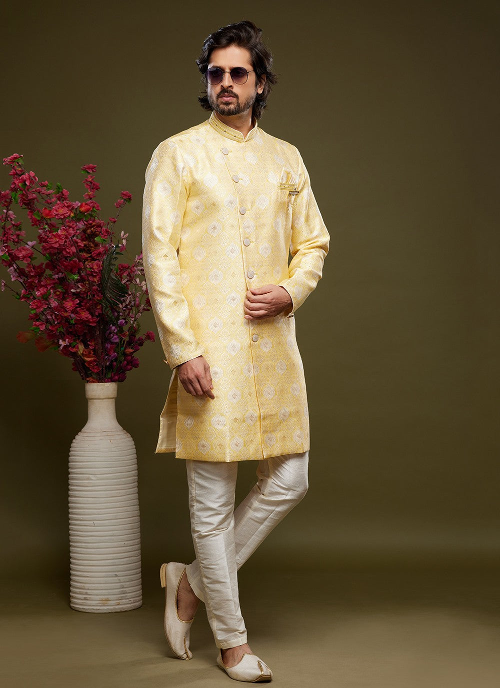Embroidered Banarasi Jacquard Yellow Indo Western - M5819