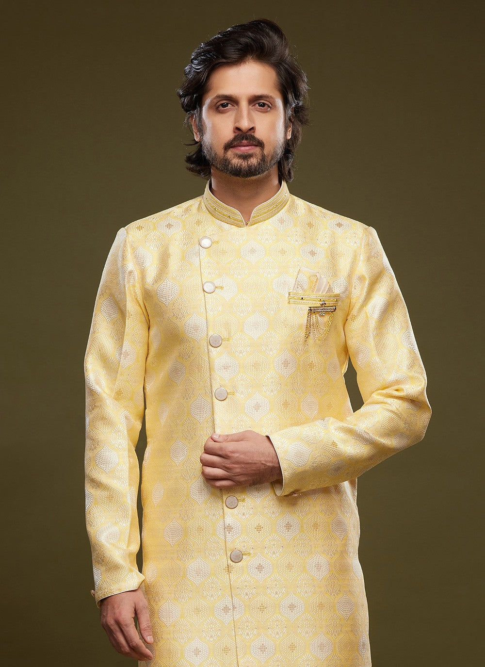 Embroidered Banarasi Jacquard Yellow Indo Western - M5819