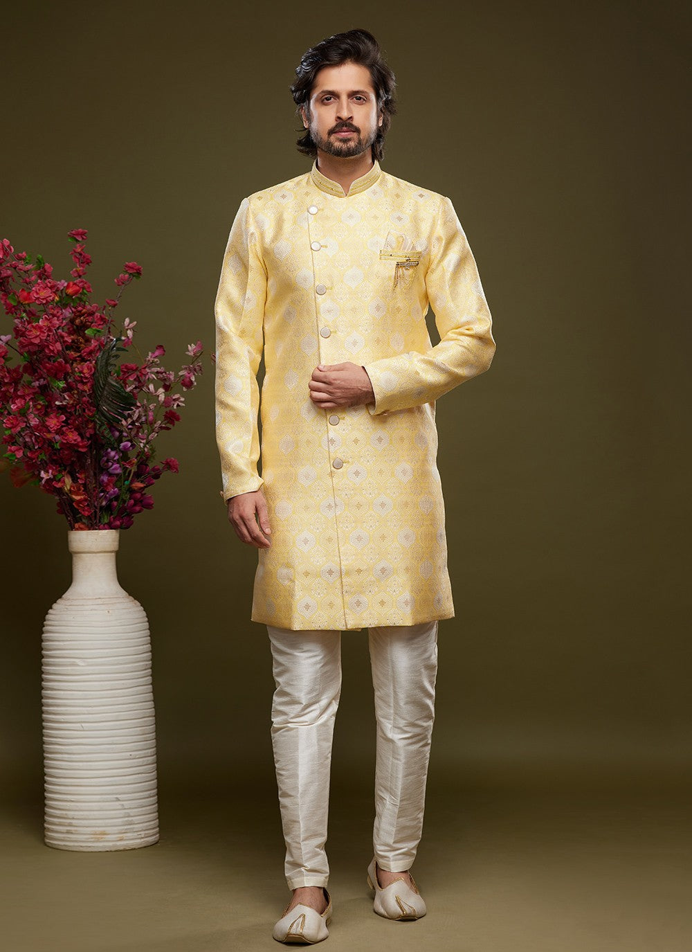 Embroidered Banarasi Jacquard Yellow Indo Western - M5819