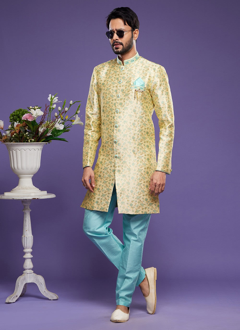 Embroidered Banarasi Jacquard Yellow Indo Western - M6009
