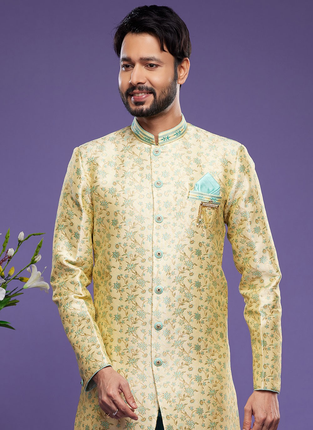 Embroidered Banarasi Jacquard Yellow Indo Western - M6009