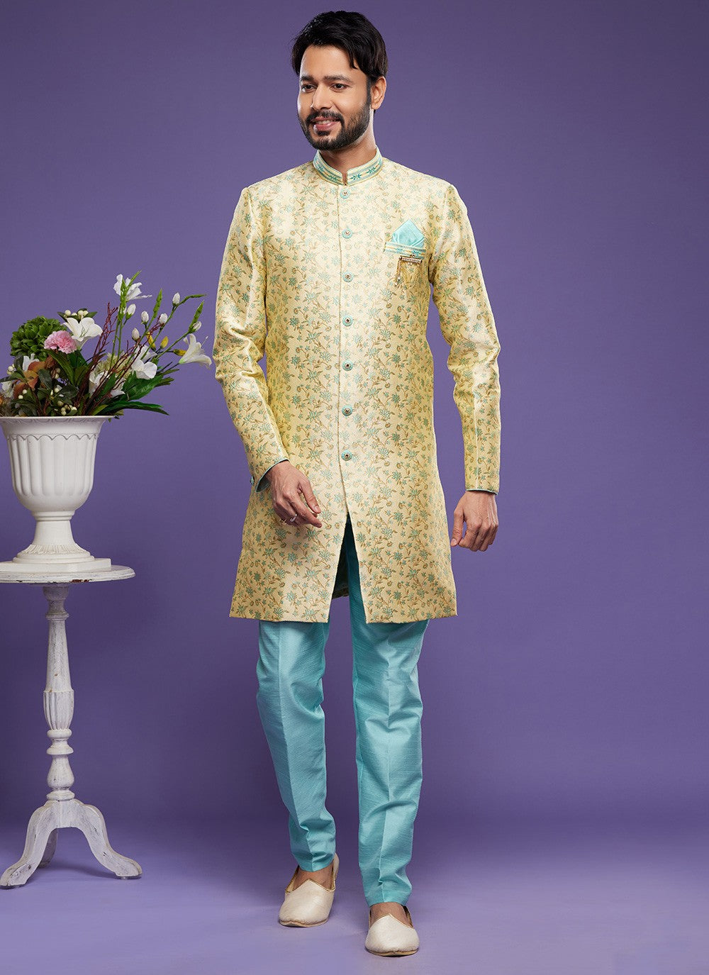 Embroidered Banarasi Jacquard Yellow Indo Western - M6009