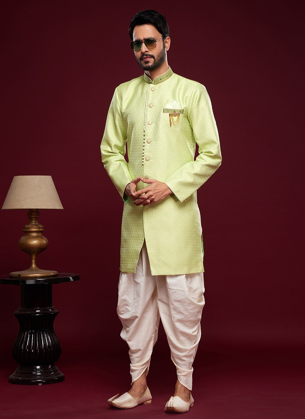Embroidered Banarasi Jacquard Green Indo Western Sherwani - M5790