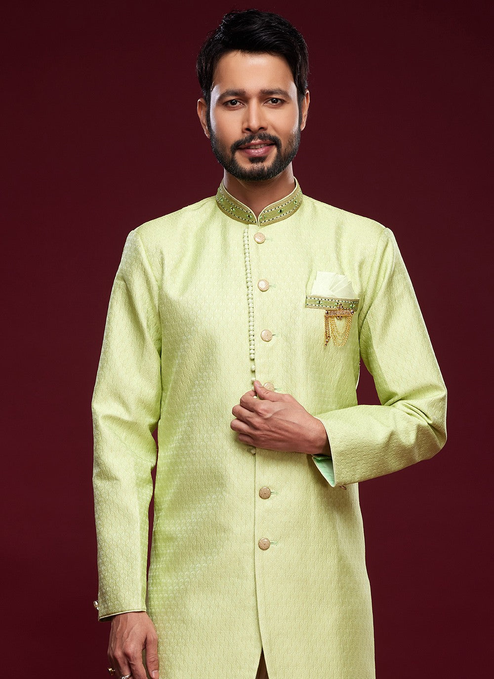 Embroidered Banarasi Jacquard Green Indo Western Sherwani - M5790