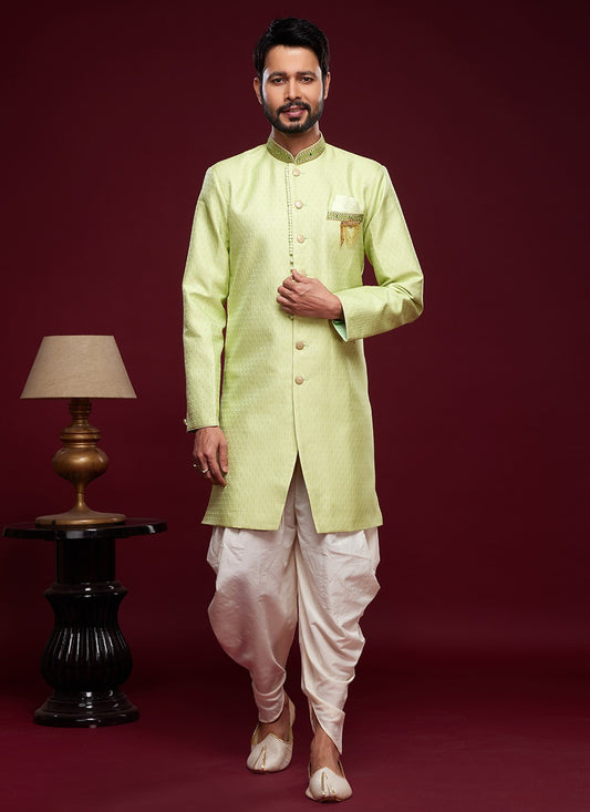 Embroidered Banarasi Jacquard Green Indo Western Sherwani - M5790