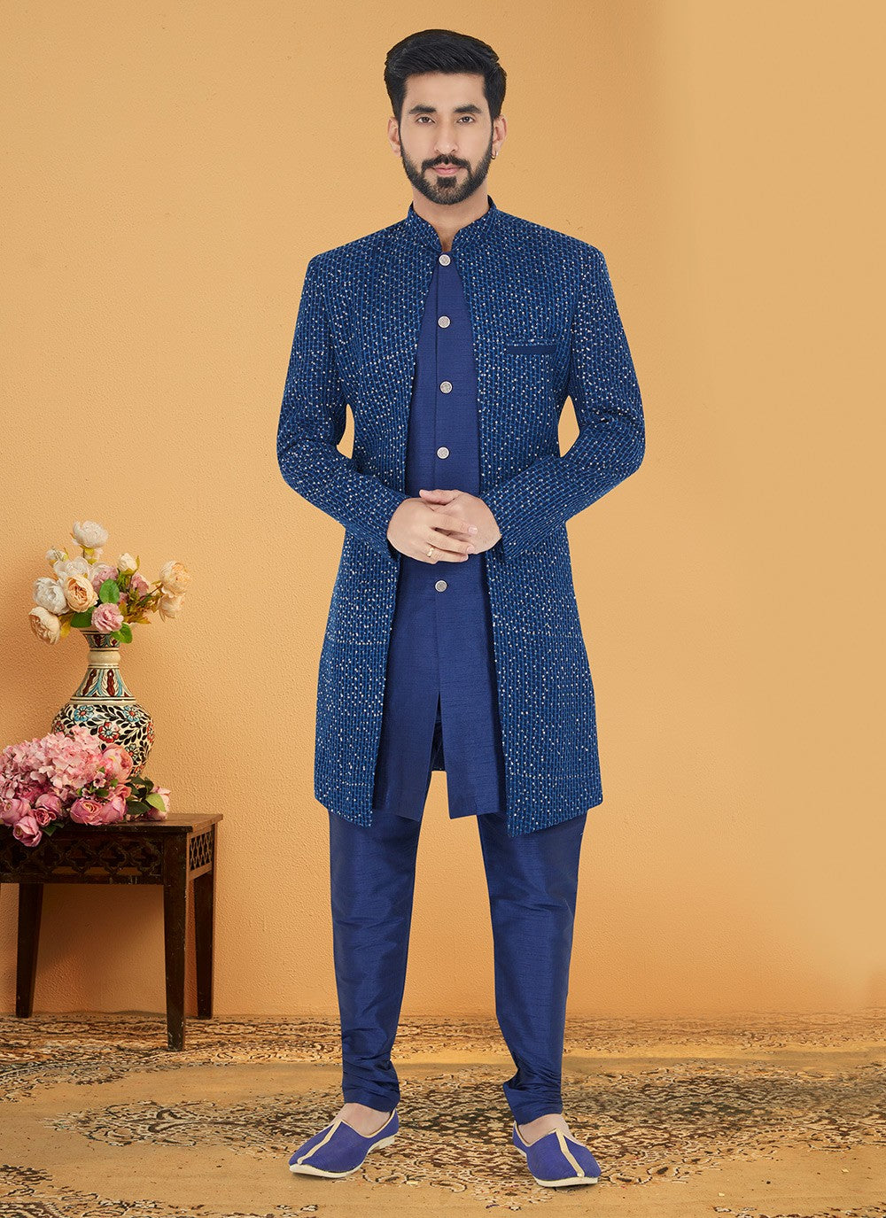 Embroidered Banarasi Silk, Georgette Blue Indo Western - M5005