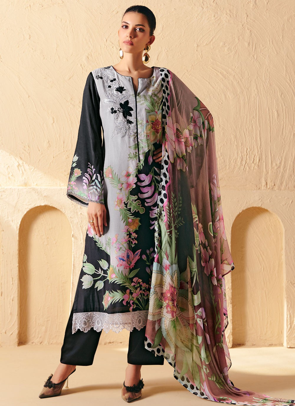 Pant Style Suit Digital Print, Embroidered, Patch, Resham Black T8293