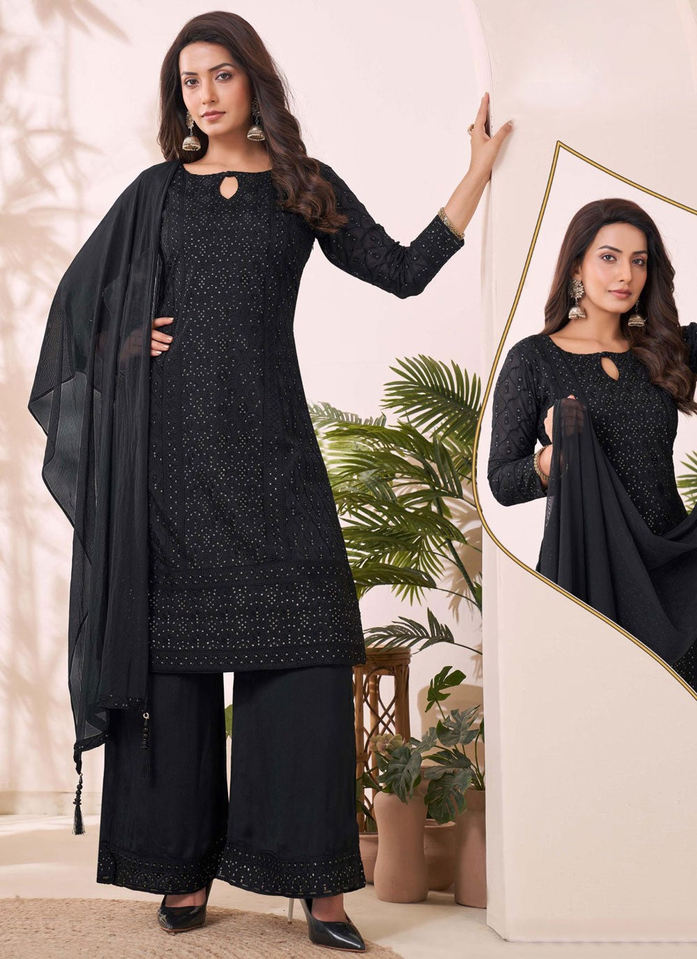 Palazzo Suit Embroidered, Thread Black T7775