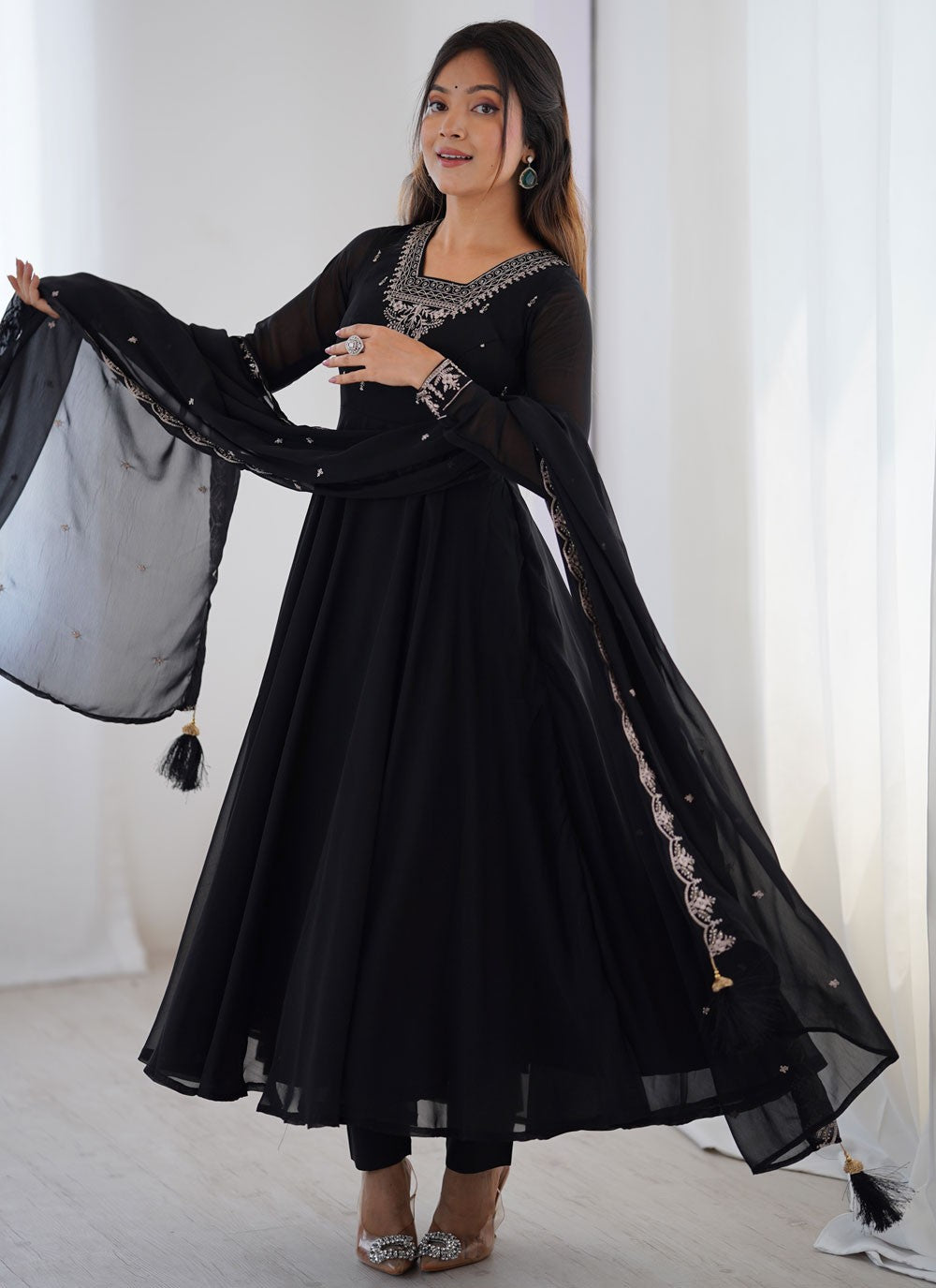 Anarkali Embroidered Black T7298