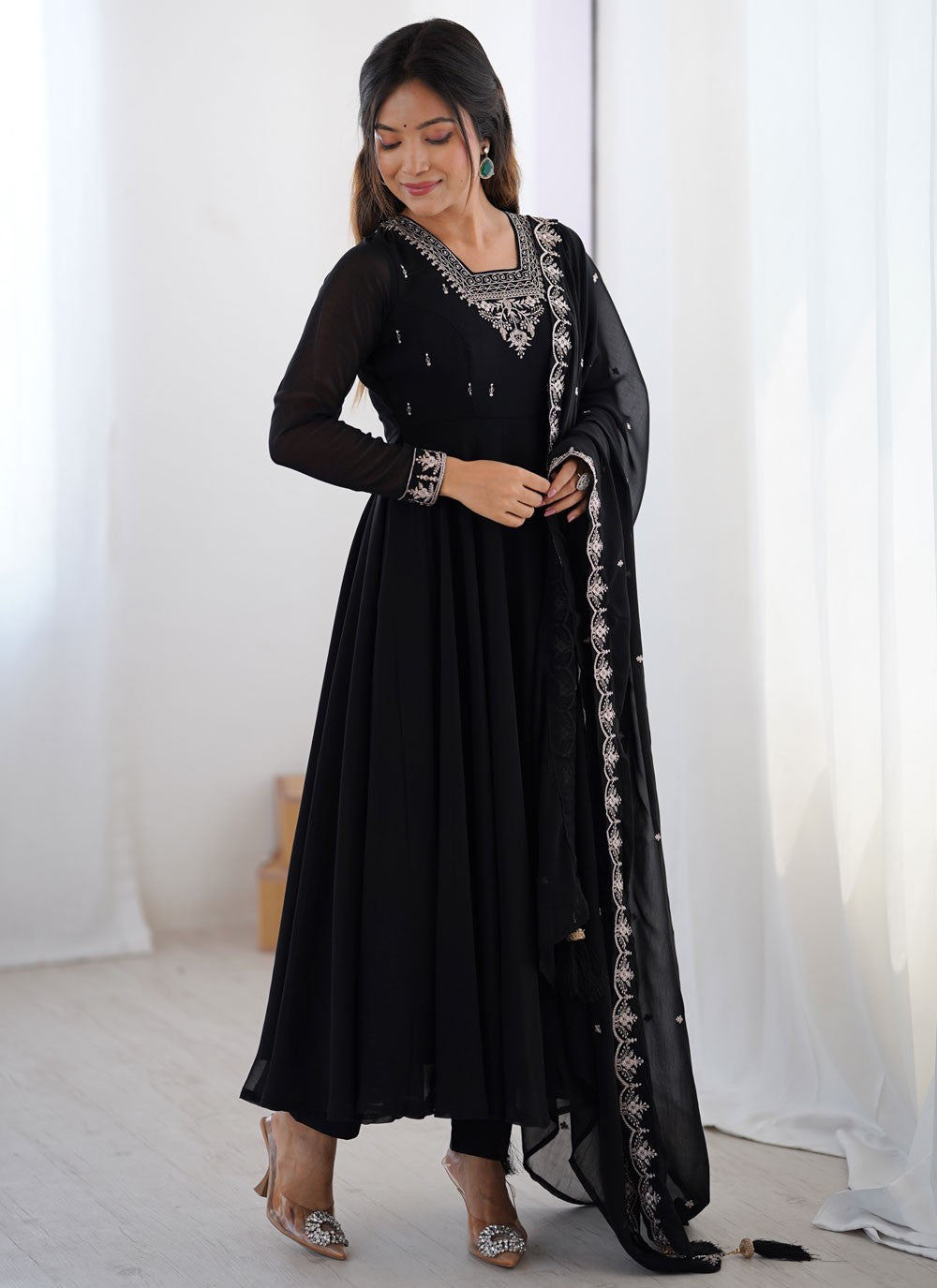 Anarkali Embroidered Black T7298