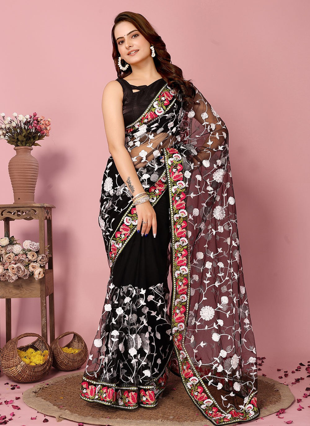 Classic Embroidered Net Saree - S6732