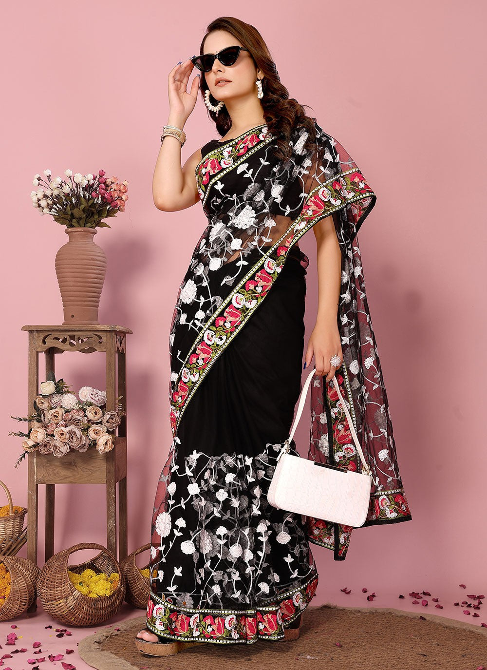 Classic Embroidered Net Saree - S6732