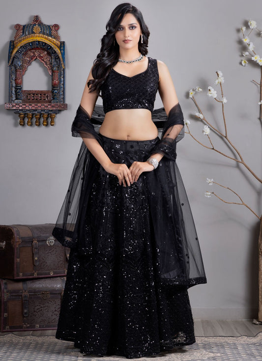 Embroidered Satin Silk Black Lehenga Choli L3705