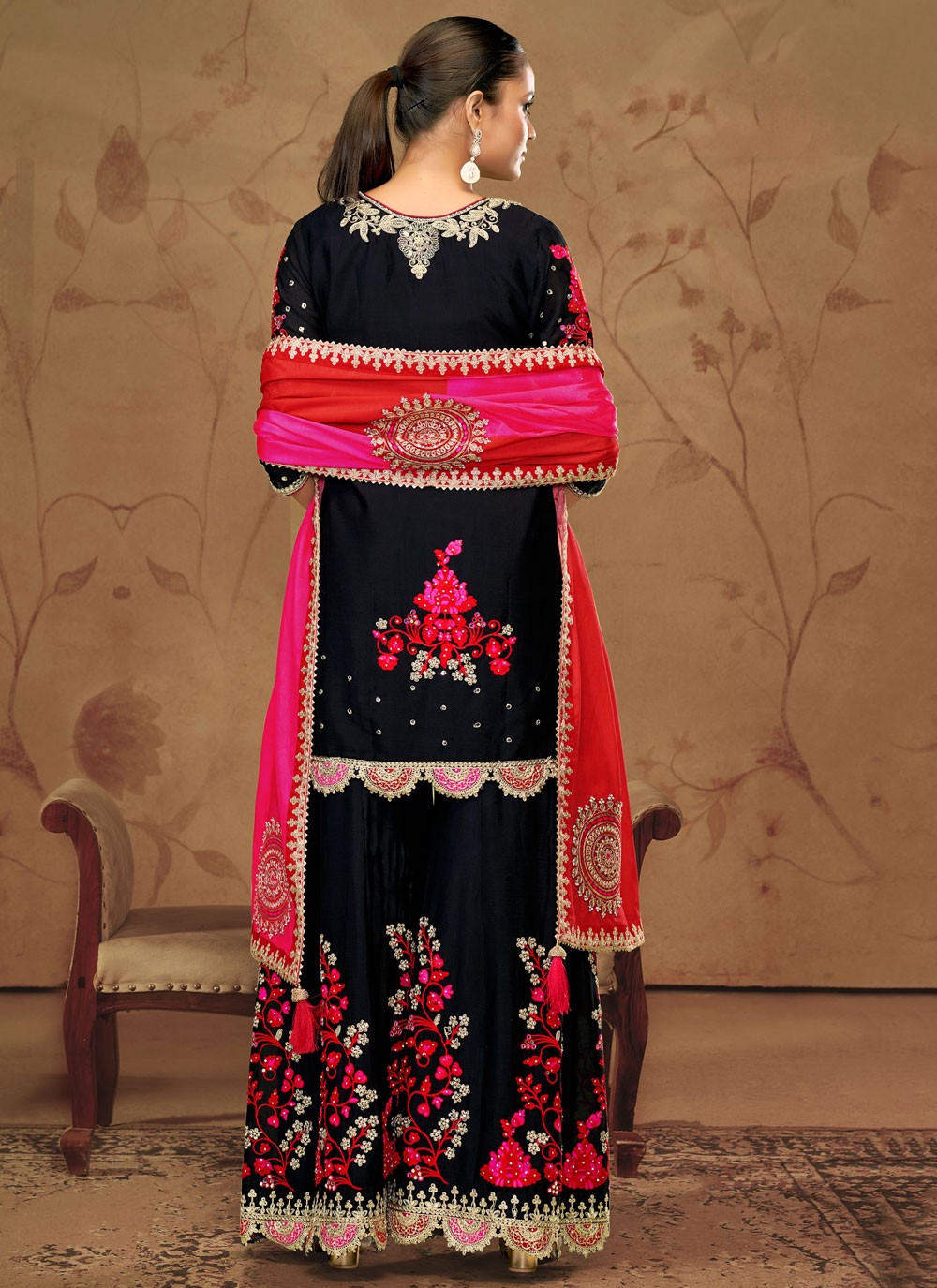 Embroidered Chinon Black Salwar Suit T6552
