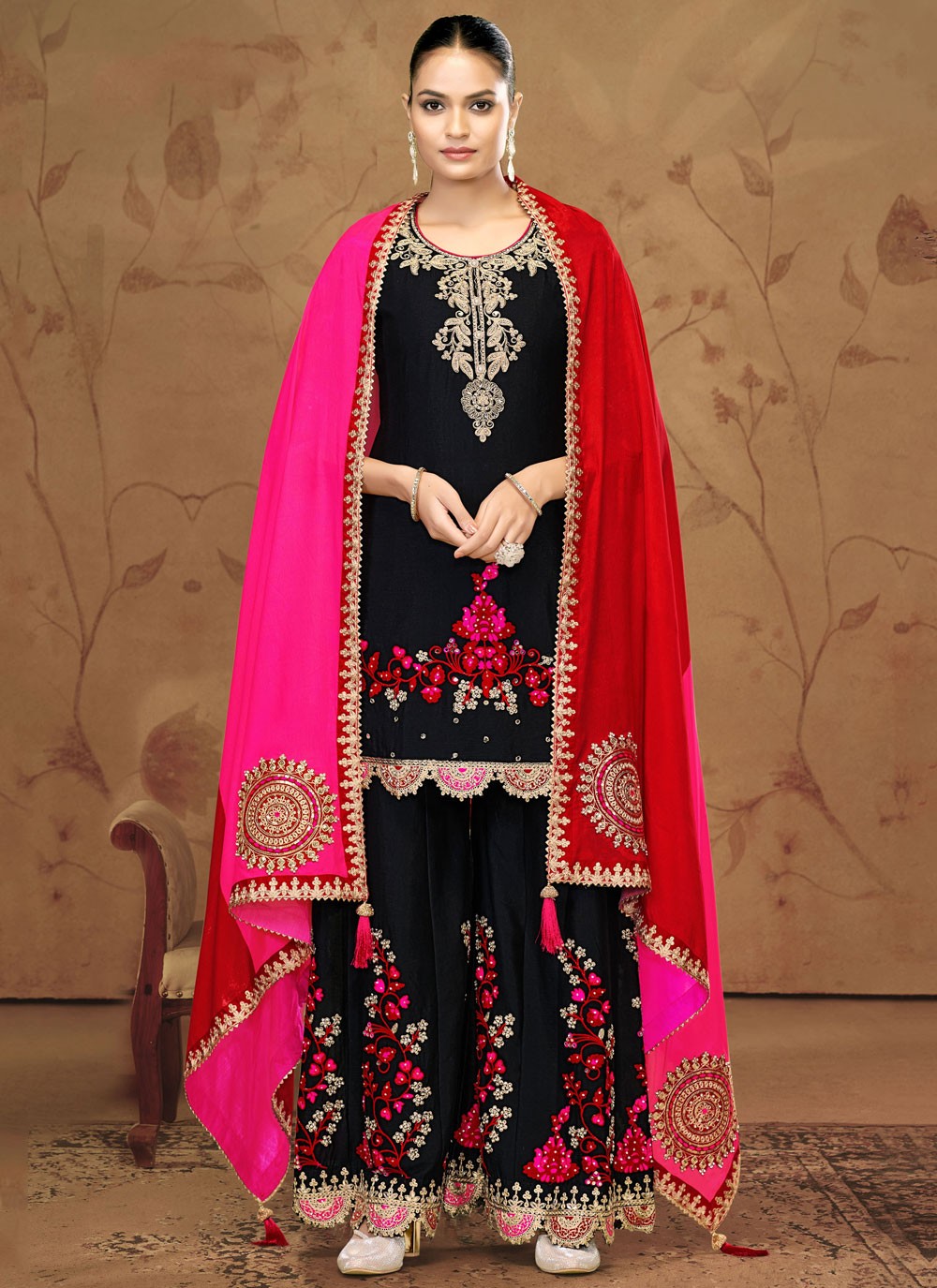 Embroidered Chinon Black Salwar Suit T6552