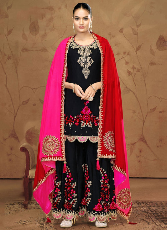 Embroidered Chinon Black Salwar Suit T6552