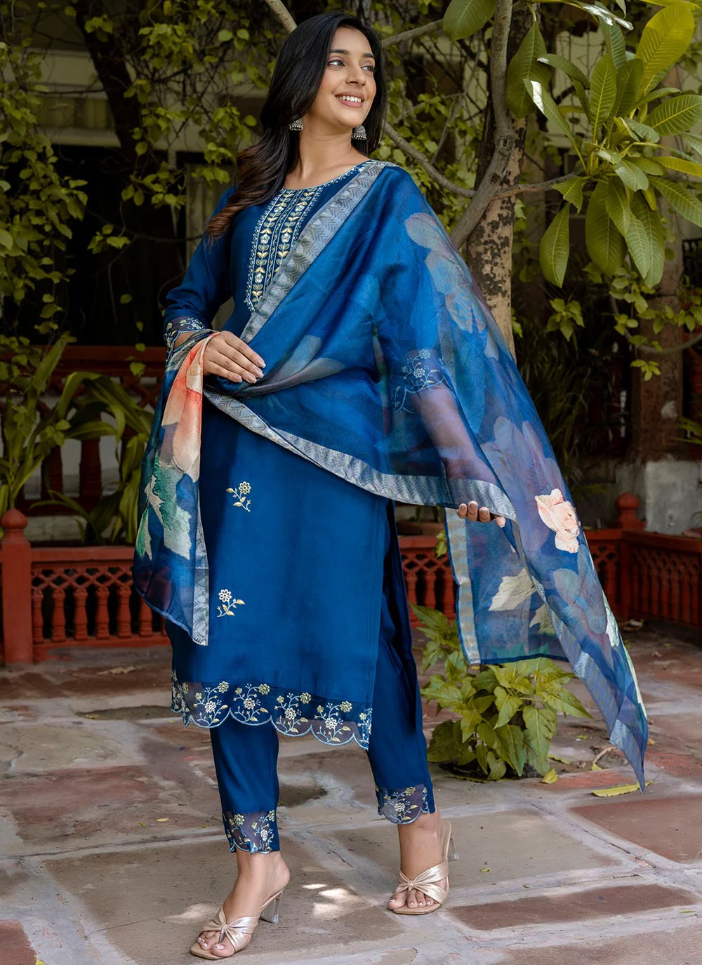 Pant Style Suit Embroidered Blue T6903