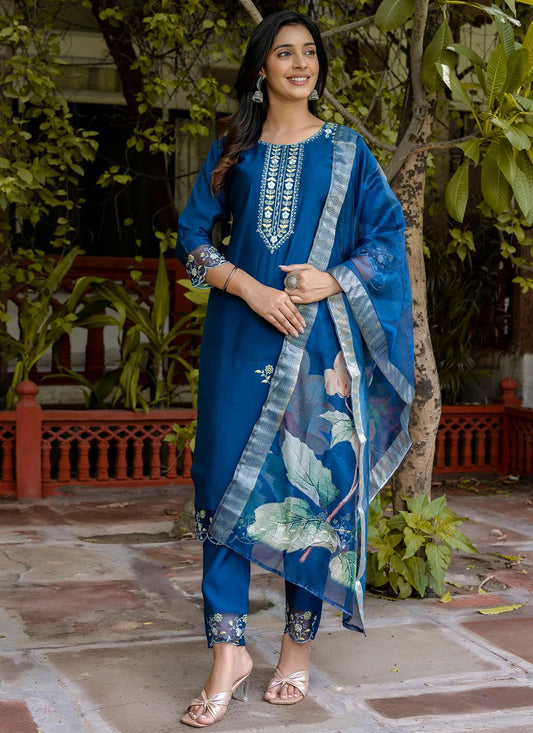 Pant Style Suit Embroidered Blue T6903
