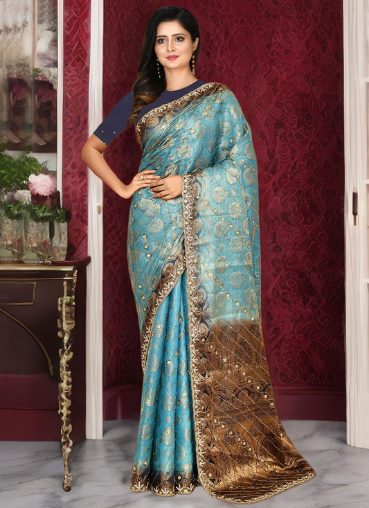 Embroidered Kanjivaram Silk Blue Contemporary Saree S15536