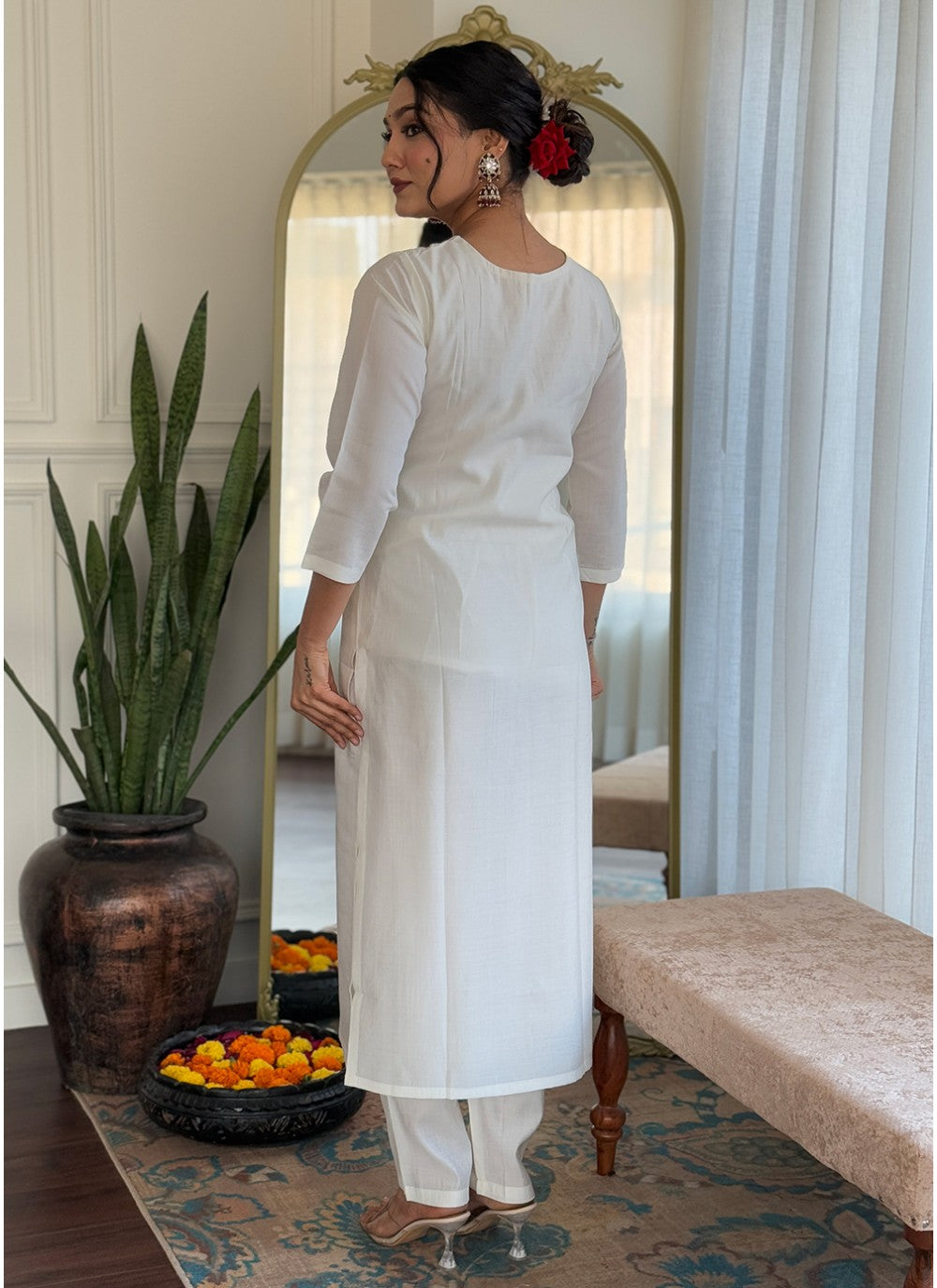 Embroidered Silk Off White Pant Style Suit T6024