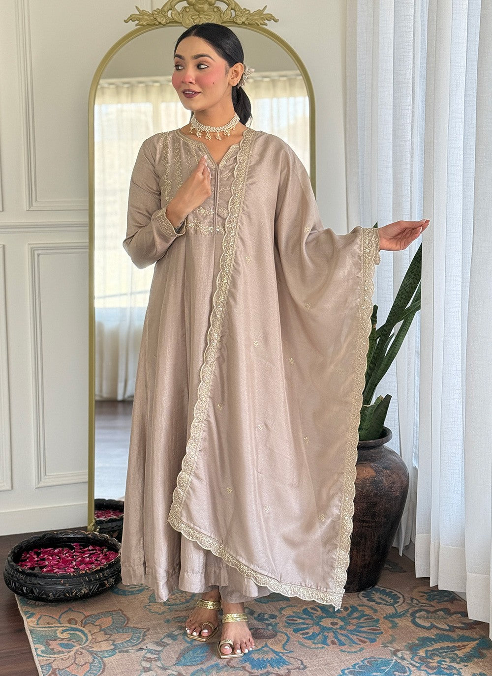Pant Style Suit Embroidered, Zari Beige T7315
