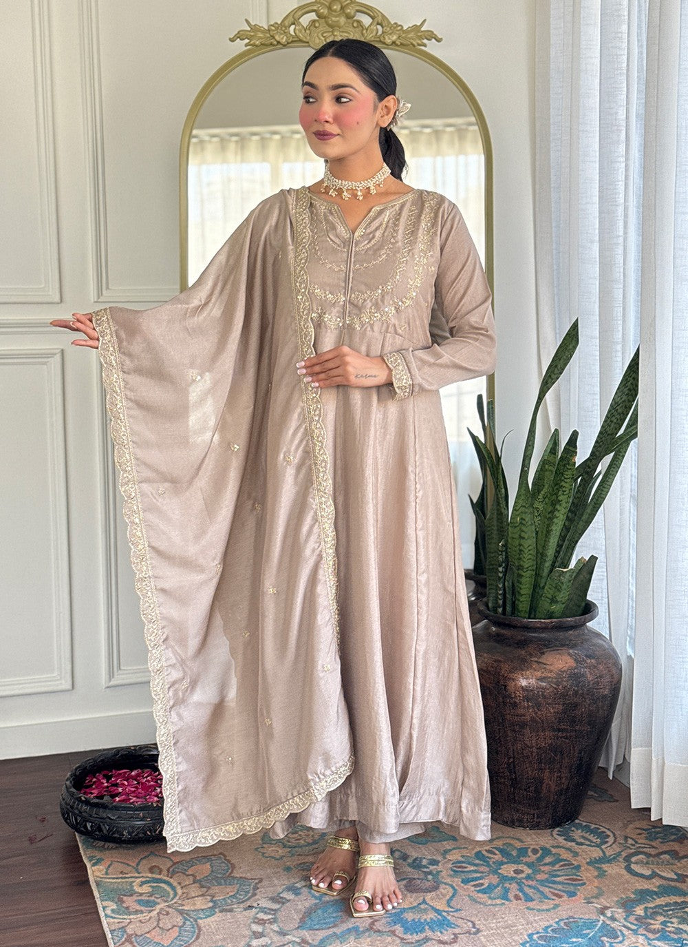 Pant Style Suit Embroidered, Zari Beige T7315