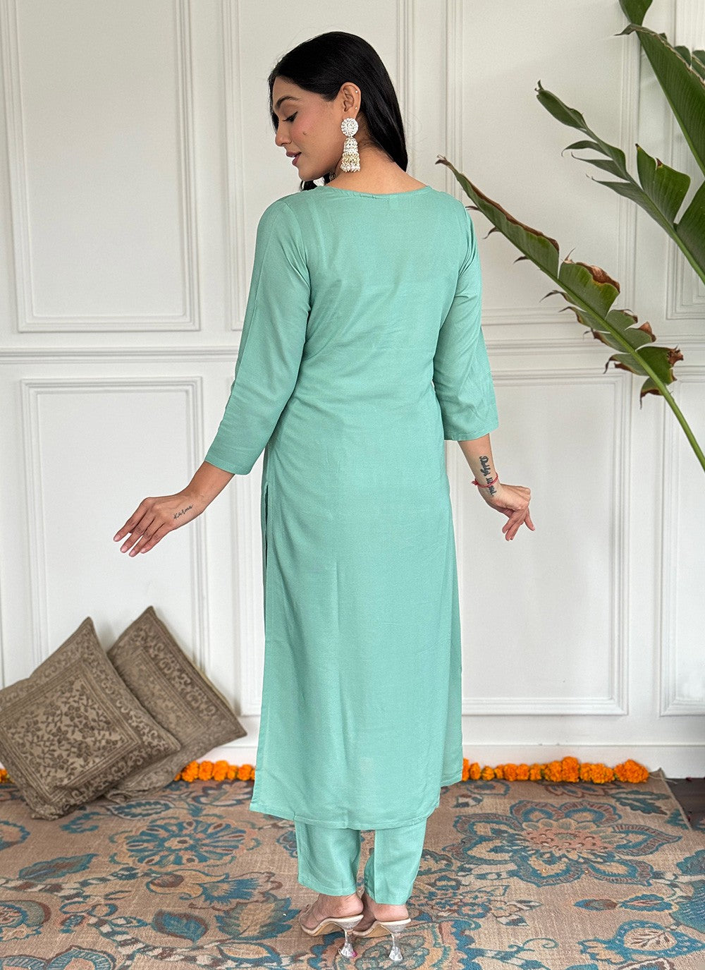 Salwar Suit Embroidered Aqua Blue Viscose T5015
