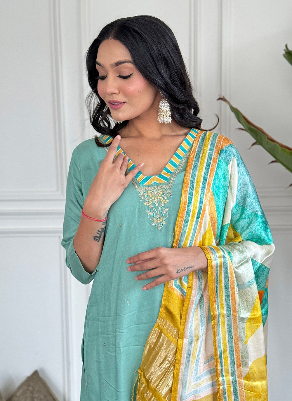 Salwar Suit Embroidered Aqua Blue Viscose T5015