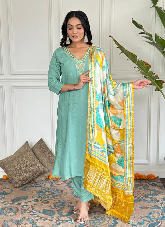 Salwar Suit Embroidered Aqua Blue Viscose T5015