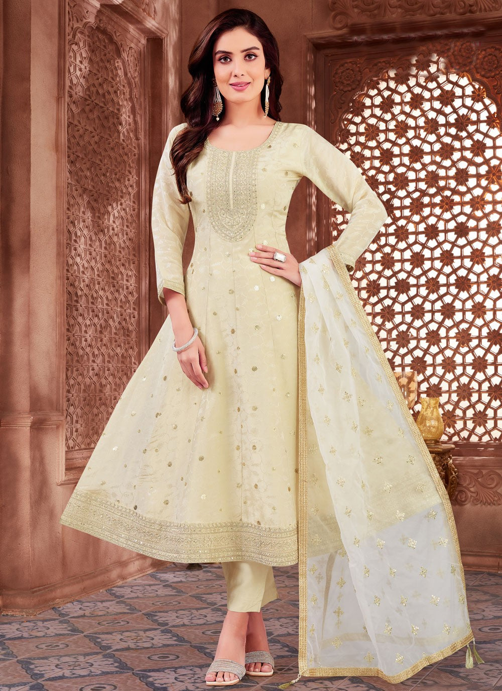 Anarkali Embroidered Cream Silk T5665