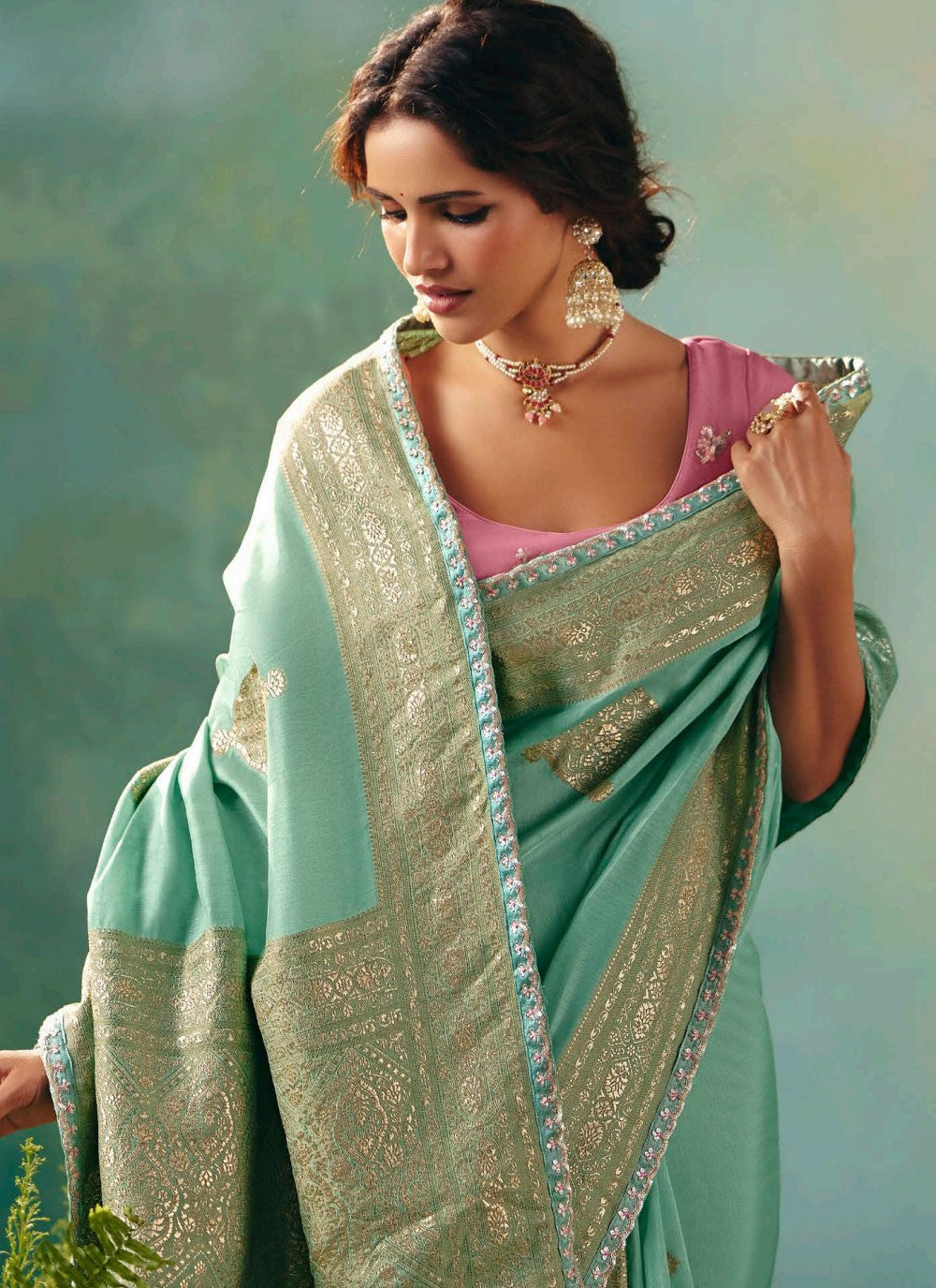 Sea Green Silk Contemporary Saree Embroidered, Weaving Zari S20204