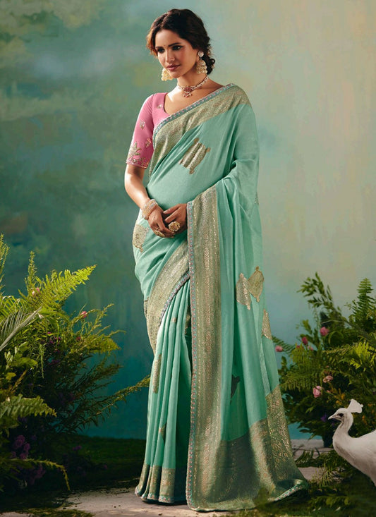 Sea Green Silk Contemporary Saree Embroidered, Weaving Zari S20204