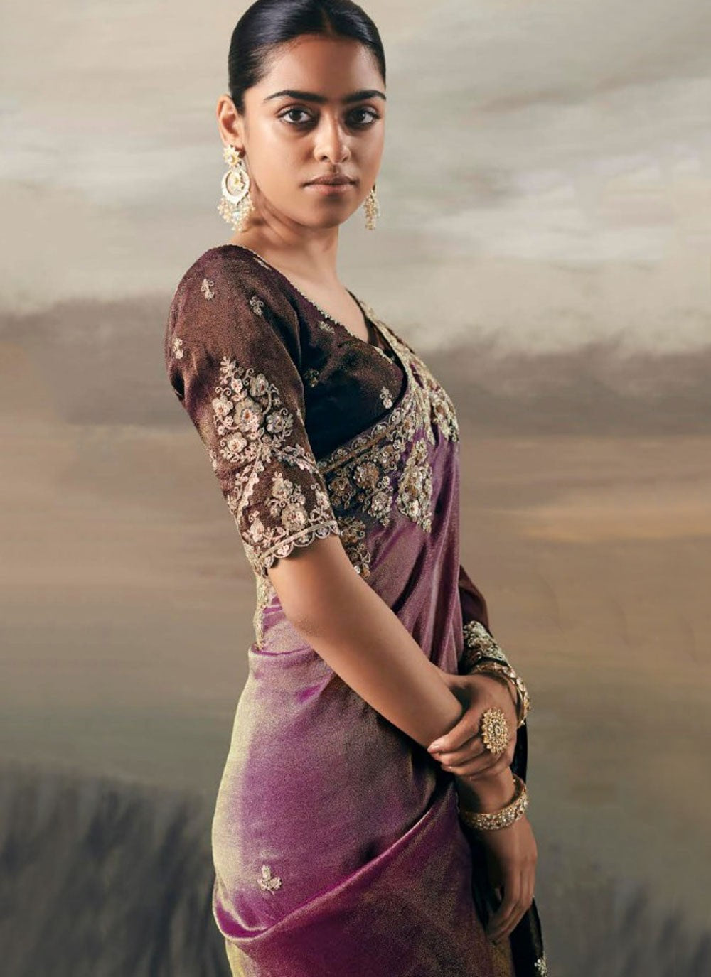 Purple Tissue Contemporary Saree Embroidered, Resham, Thread S20409