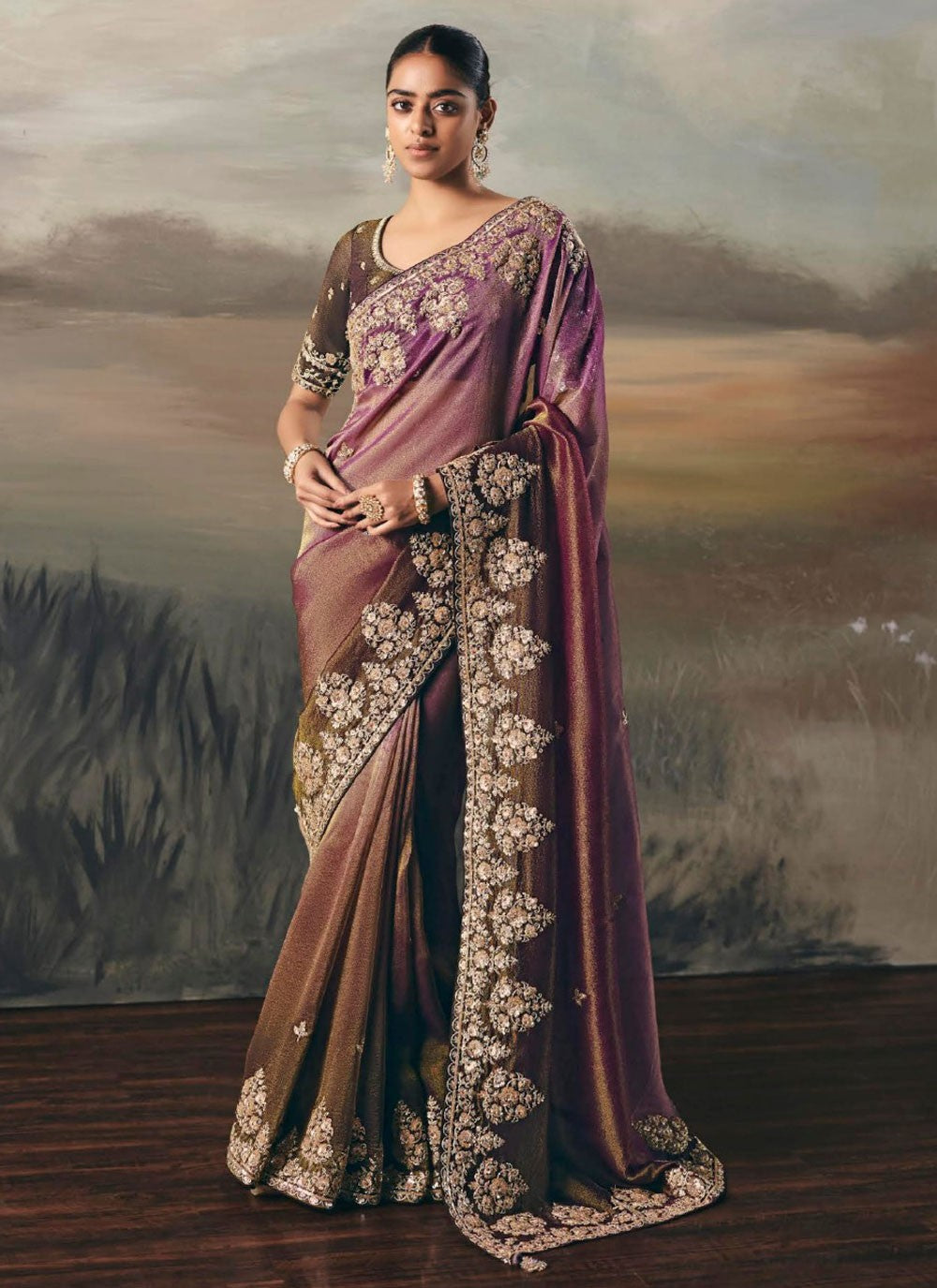 Purple Tissue Contemporary Saree Embroidered, Resham, Thread S20409