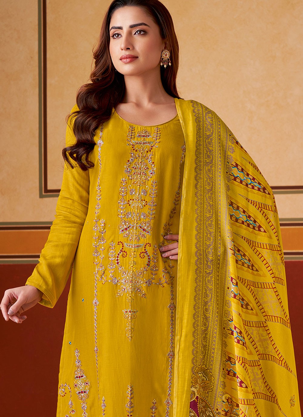 Embroidered Muslin Mustard Pant Style Suit T6311