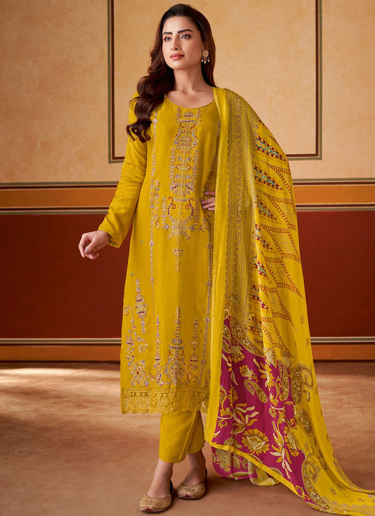 Embroidered Muslin Mustard Pant Style Suit T6311