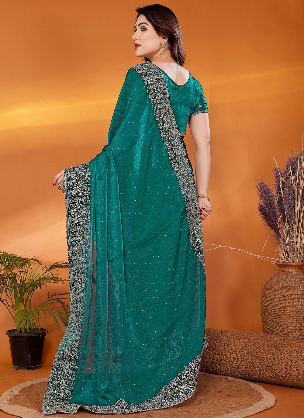Embroidered Chiffon Teal Designer Saree S14917