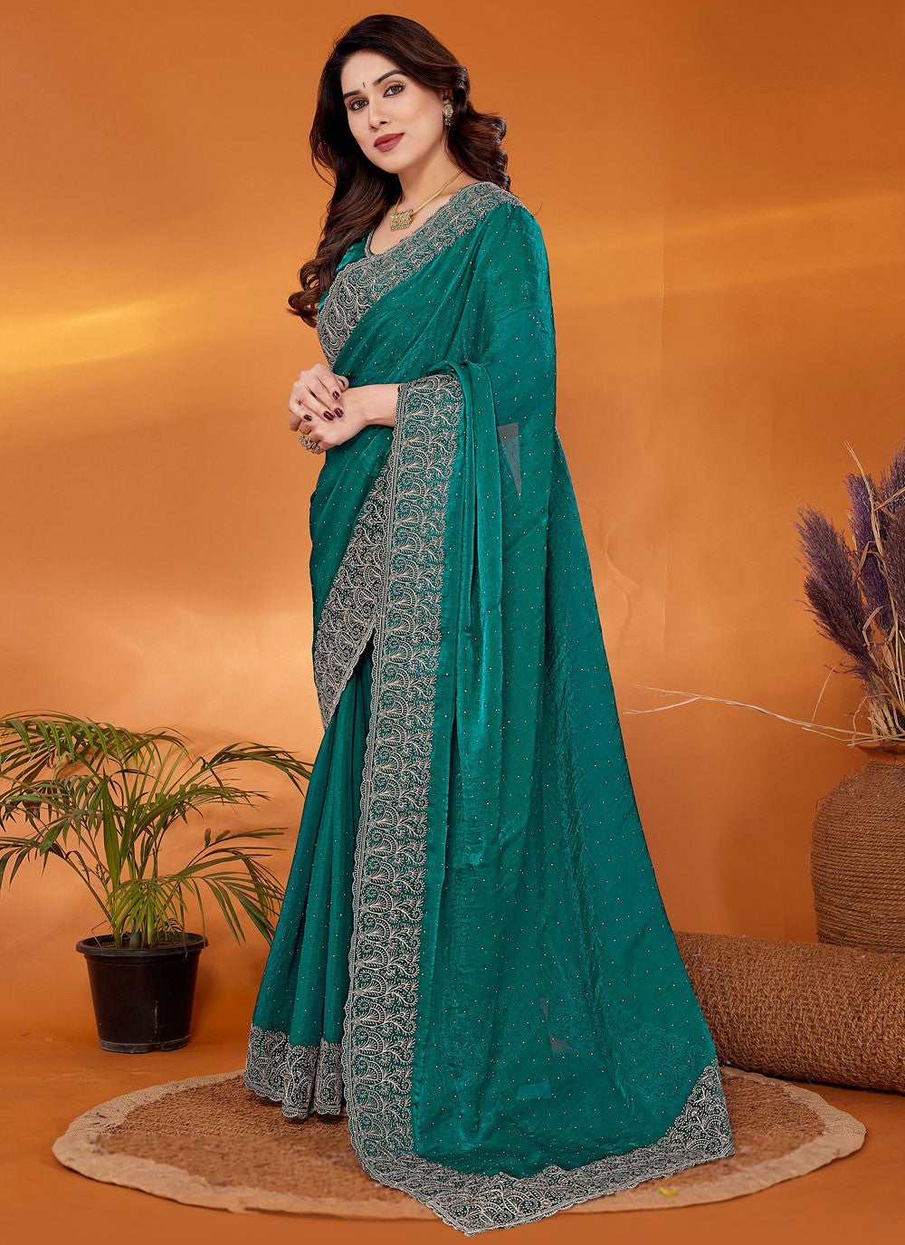 Embroidered Chiffon Teal Designer Saree S14917