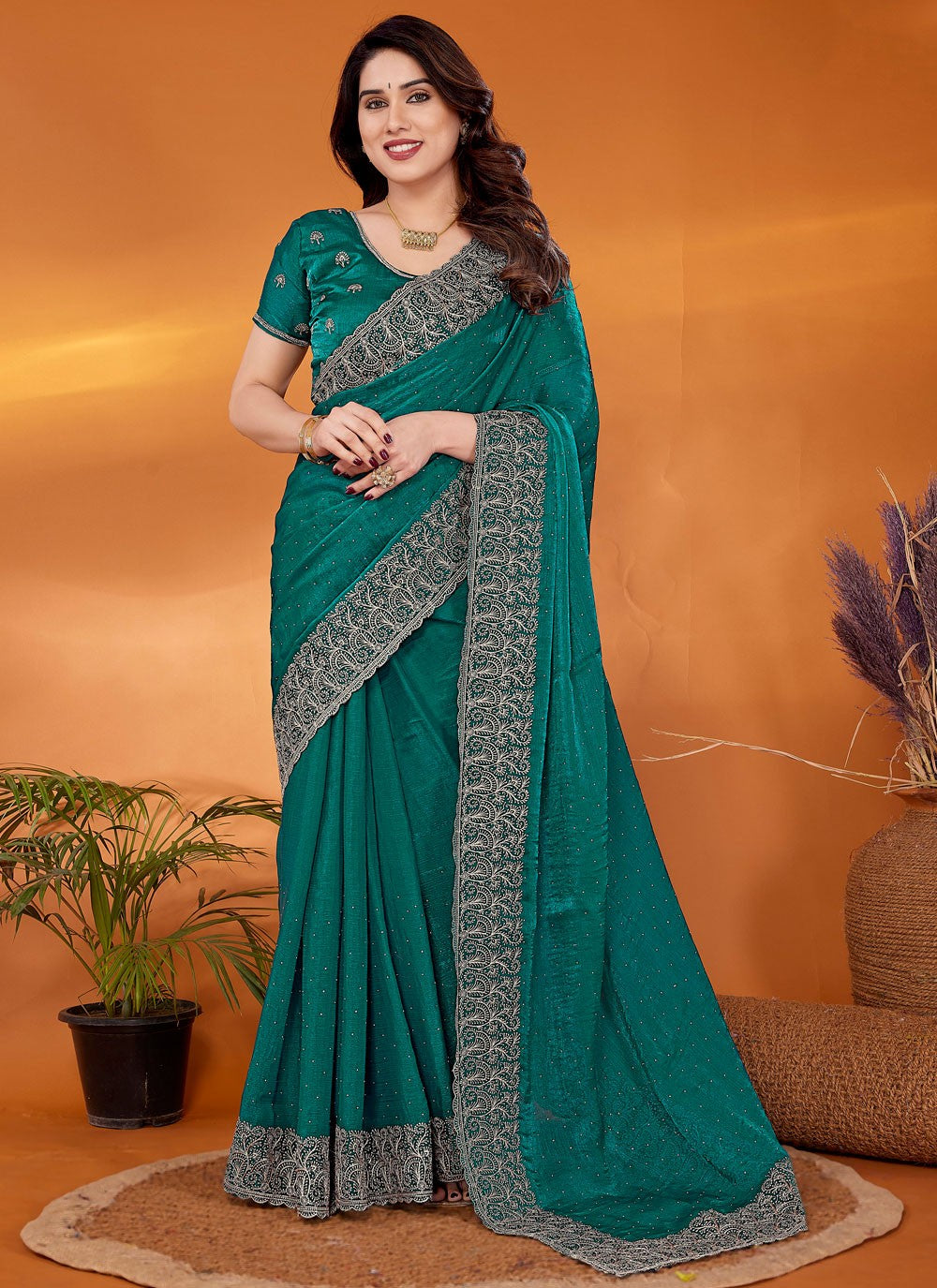 Embroidered Chiffon Teal Designer Saree S14917