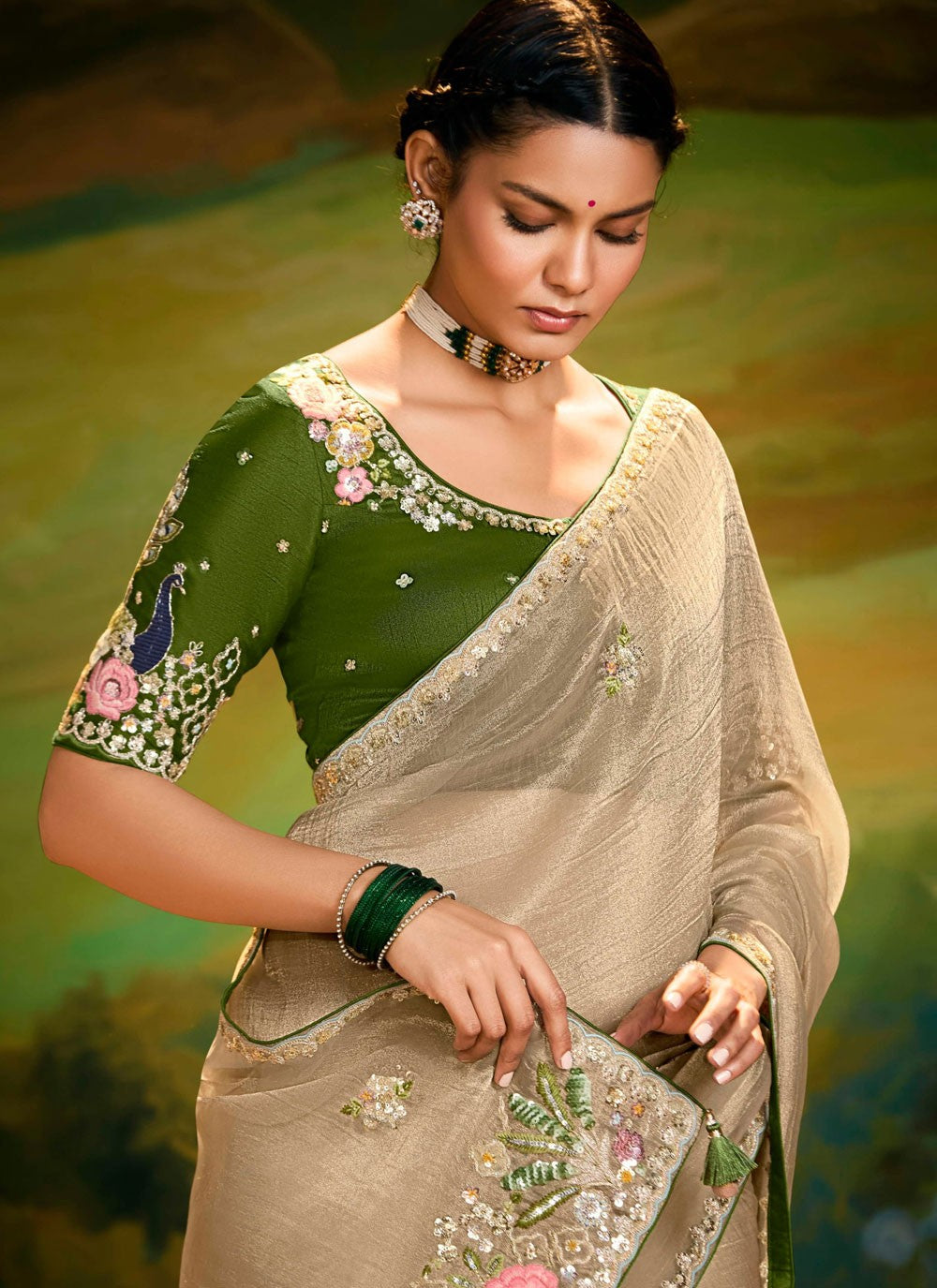 Embroidered Fancy Fabric Cream Designer Saree S15248