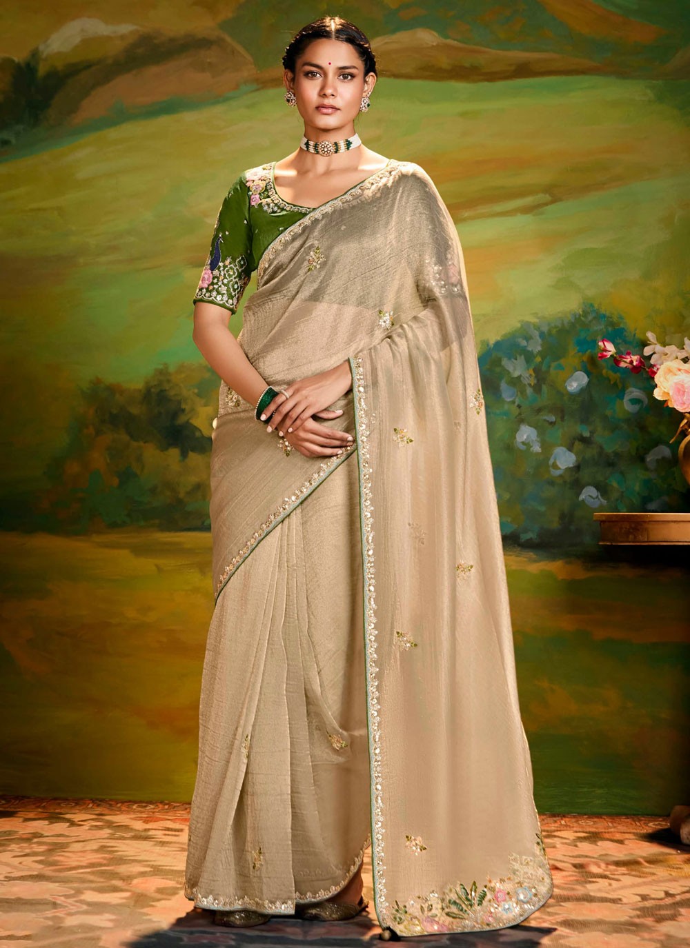 Embroidered Fancy Fabric Cream Designer Saree S15248