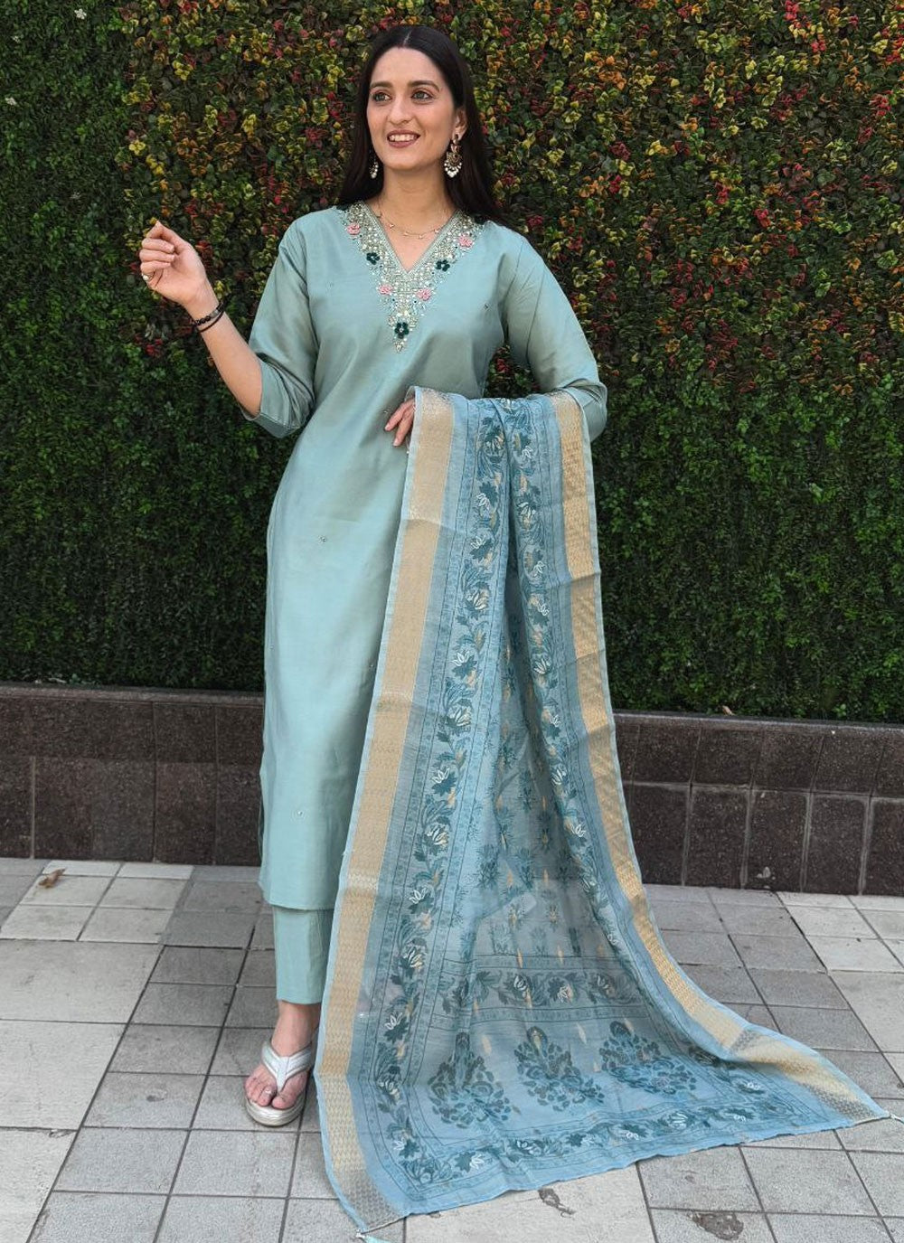 Salwar Suit Embroidered Aqua Blue Silk T5404