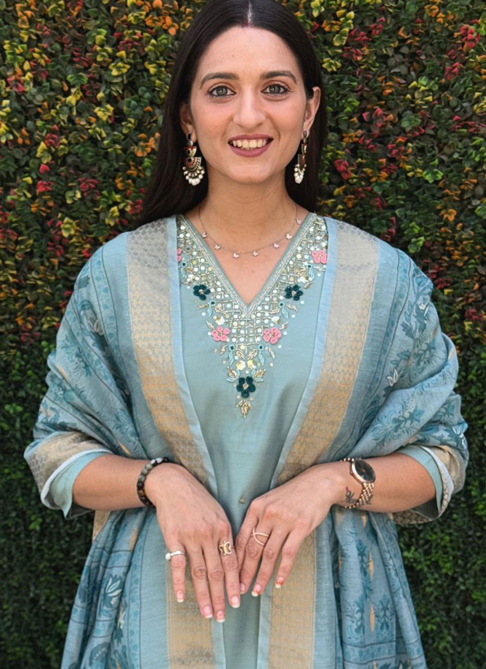 Salwar Suit Embroidered Aqua Blue Silk T5404